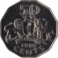 Swaziland coin 50 Cents - Mswati III (1986 - 1993) reverse reverse of 50 Cents - Mswati III (1986 - 1993) coin with KM# 43 from Swaziland. Inscription: 50 SIYINQABA 1986 CENTS