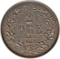 reverse of 2 Öre - Carl XV Adolf (1860 - 1872) coin with KM# 706 from Sweden. Inscription: 2 ÖRE 1863