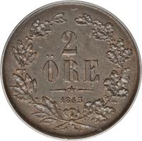 Sweden coin 2 Öre - Carl XV Adolf (1860 - 1872) reverse reverse of 2 Öre - Carl XV Adolf (1860 - 1872) coin with KM# 706 from Sweden. Inscription: 2 ÖRE 1863