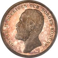 obverse of 1 Krona - Oscar II - Without initials below bust (1890 - 1904) coin with KM# 760 from Sweden. Inscription: OSCAR II SVERIGES OCH NORGES KONUNG