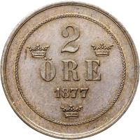 reverse of 2 Öre - Oscar II - Small letters (1874 - 1878) coin with KM# 735 from Sweden. Inscription: 2 ØRE 1877