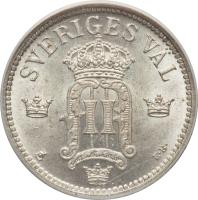 obverse of 25 Öre - Oscar II (1907) coin with KM# 775 from Sweden. Inscription: SVERIGES VÄL EB