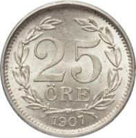 reverse of 25 Öre - Oscar II (1907) coin with KM# 775 from Sweden. Inscription: 25 ÖRE 1907