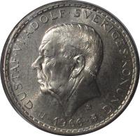 obverse of 5 Kronor - Gustaf VI Adolf - Constitution Reform (1966) coin with KM# 839 from Sweden. Inscription: GUSTAV VI ADOLF SVERIGES KONUNG U 1966