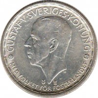 obverse of 2 Kronor - Gustav V (1942 - 1950) coin with KM# 815 from Sweden. Inscription: GUSTAF V SVERIGES KONUNG MED FOLKET FOR FOSTERLANDET