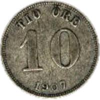 reverse of 10 Öre - Oscar II (1907) coin with KM# 774 from Sweden. Inscription: TIO ÖRE 10 1907
