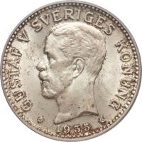 obverse of 2 Kronor - Gustaf V (1910 - 1940) coin with KM# 787 from Sweden.