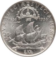 reverse of 2 Kronor - Gustav V - Settlement of Delaware (1938) coin with KM# 807 from Sweden. Inscription: NOVAE SUECIAE SUECIA MEMOR 2 KR 1638 - 1958