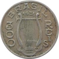 obverse of 300 Réis (1936 - 1938) coin with KM# 538 from Brazil. Inscription: BRASIL 1937 300 RÉIS