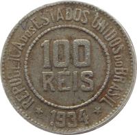obverse of 100 Réis (1918 - 1935) coin with KM# 518 from Brazil. Inscription: REPUBLICA DOS ESTADOS UNIDOS DO BRASIL 100 RÉIS * 1935 *