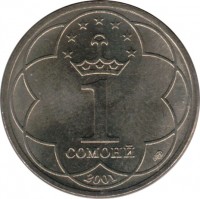 reverse of 1 Somoni (2001) coin with KM# 7 from Tajikistan. Inscription: 1 СОМОНӢ 2001