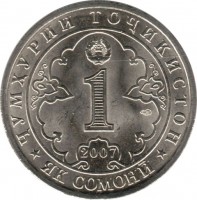 obverse of 1 Somonii - 800th Anniversary of Mavlono Jaloliddin Rumi (2007) coin with KM# 16 from Tajikistan. Inscription: ҶУМҲУРИИ ТОҶИКИСТОН 1 2007 · ЯК СОМОНӢ ·