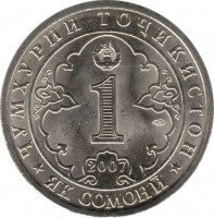 Tajikistan coin 1 Somonii - 800th Anniversary of Mavlono Jaloliddin Rumi (2007) obverse obverse of 1 Somonii - 800th Anniversary of Mavlono Jaloliddin Rumi (2007) coin with KM# 16 from Tajikistan. Inscription: ҶУМҲУРИИ ТОҶИКИСТОН 1 2007 · ЯК СОМОНӢ ·