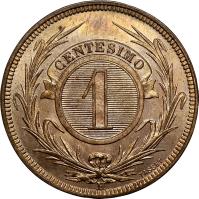 reverse of 1 Centésimo (1869) coin with KM# 11 from Uruguay. Inscription: CENTESIMO 1 A TASSET