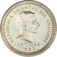 obverse of 1 Centésimo (1953) coin with KM# 32 from Uruguay. Inscription: REPÚPBLICA ORIENTAL DEL URUGUAY ARTIGAS 1953