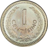 reverse of 1 Centésimo (1953) coin with KM# 32 from Uruguay. Inscription: 1 CENTÉSIMO