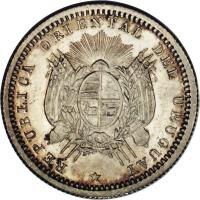 obverse of 10 Centésimos (1877 - 1893) coin with KM# 14 from Uruguay. Inscription: REPUBLICA ORIENTAL DEL URUGUAY