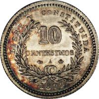 reverse of 10 Centésimos (1877 - 1893) coin with KM# 14 from Uruguay. Inscription: LIBRE Y CONSTITUIDA 10 CENTESIMOS 1893