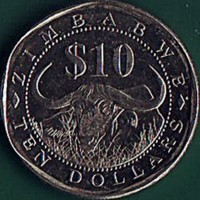 reverse of 10 Dollars (2003) coin with KM# 14 from Zimbabwe. Inscription: ZIMBABWE $10 TEN DOLLARS