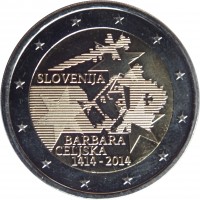 Slovenia coin 2 Euro - Barbara of Celje (2014) obverse obverse of 2 Euro - Barbara of Celje (2014) coin with KM# 117 from Slovenia. Inscription: SLOVENIJA BARBARA CELJSKA 1414-2014
