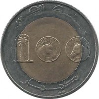 reverse of 100 Dinars - 40th Anniversary of Independence (2002) coin with KM# 137 from Algeria. Inscription: بنك الجزائر 100 دينار