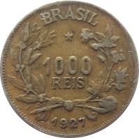 Brazil coin 1000 Réis (1924 - 1931) obverse obverse of 1000 Réis (1924 - 1931) coin with KM# 525 from Brazil. Inscription: BRASIL * 1000 REIS 1927