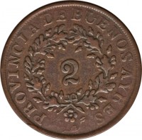 reverse of 2 Reales (1853 - 1856) coin with KM# 9 from Argentine provinces. Inscription: PROVINCIA DE BUENOS AYRES 2