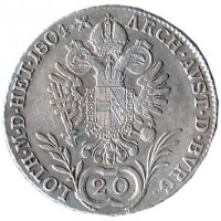 reverse of 20 Kreuzer - Franz II (1804 - 1806) coin with KM# 2140 from Austria. Inscription: 20 ARCH. AVST. D. BURG. LOTH. M. D. HET.