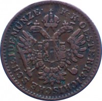 obverse of 1/4 Kreuzer - Franz Joseph I (1851) coin with KM# 2180 from Austria. Inscription: K · K · OESTERREICHISCHE SCHEIDEMUNZE ·