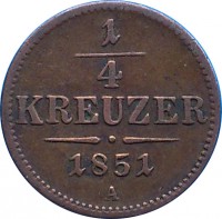reverse of 1/4 Kreuzer - Franz Joseph I (1851) coin with KM# 2180 from Austria. Inscription: 1 - 4 KREUZER 1851 A