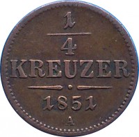 Austria coin 1/4 Kreuzer - Franz Joseph I (1851) reverse reverse of 1/4 Kreuzer - Franz Joseph I (1851) coin with KM# 2180 from Austria. Inscription: 1 - 4 KREUZER 1851 A