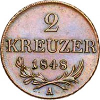 Austria coin 2 Kreuzer - Ferdinand I (1848) reverse reverse of 2 Kreuzer - Ferdinand I (1848) coin with KM# 2188 from Austria. Inscription: 2 KREUZER 1848 A