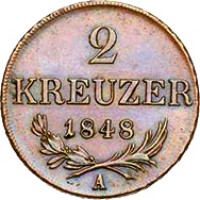 reverse of 2 Kreuzer - Ferdinand I (1848) coin with KM# 2188 from Austria. Inscription: 2 KREUZER 1848 A