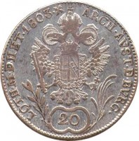 reverse of 20 Kreuzer - Franz II (1792 - 1804) coin with KM# 2139 from Austria. Inscription: ARCH · AVST · D · BVRG · LOTH · M · D · HET · 1803 · X 20