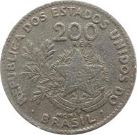 Brazil coin 200 Réis (1901) obverse obverse of 200 Réis (1901) coin with KM# 504 from Brazil. Inscription: REPUBLICA DOS ESTADOS UNIDOS DO 200 RÉIS ESTADOS UNIDOS DO BRASIL 15 DE NOVEMBRO DE 1889 MCMI · BRASIL ·