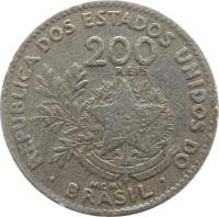 obverse of 200 Réis (1901) coin with KM# 504 from Brazil. Inscription: REPUBLICA DOS ESTADOS UNIDOS DO 200 RÉIS ESTADOS UNIDOS DO BRASIL 15 DE NOVEMBRO DE 1889 MCMI · BRASIL ·