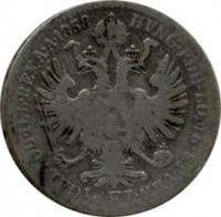 Austria coin 1/4 Florin - Franz Joseph I (1857 - 1859) reverse reverse of 1/4 Florin - Franz Joseph I (1857 - 1859) coin with KM# 2213 from Austria. Inscription: HVNG · BOH · LOMB · ET VEN GAL · LOD · ILL · REX A · A · 1858 ¼ FL