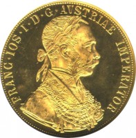 Austria coin 4 Ducats - Franz Joseph I - Trade Coinage (1872 - 1915) obverse obverse of 4 Ducats - Franz Joseph I - Trade Coinage (1872 - 1915) coin with KM# 2276 from Austria. Inscription: FRANC · IOS · I · D · G · AVSTRIAE IMPERATOR