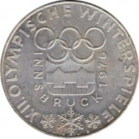 obverse of 100 Schilling - Innsbruck (1974) coin with KM# 2926 from Austria. Inscription: XII.OLYMPISCHE WINTERSPIELE INNSBRUCK 1976 WELZ