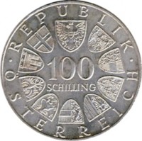 Austria coin 100 Schilling - Innsbruck (1974) reverse reverse of 100 Schilling - Innsbruck (1974) coin with KM# 2926 from Austria. Inscription: · REPUBLIK · 100 SCHILLING ÖSTERREICH