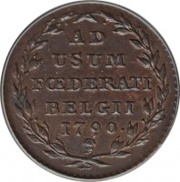Austrian Netherlands coin 2 Liards / 2 Oord - Insurrection Coinage (1790) reverse reverse of 2 Liards / 2 Oord - Insurrection Coinage (1790) coin with KM# 45 from Austrian Netherlands. Inscription: AD USUM FŒDERATI BELGII 1790 ·