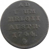 Austrian Netherlands coin 1 Liard / 1 Oord - Maria Theresa (1744 - 1745) reverse reverse of 1 Liard / 1 Oord - Maria Theresa (1744 - 1745) coin with KM# 1 from Austrian Netherlands. Inscription: AD USUM BELGII AUSTR · · 1744 ·