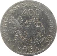 reverse of 400 Réis (1901) coin with KM# 505 from Brazil. Inscription: REPUBLICA DOS ESTADOS UNIDOS DO 400 RÉIS ESTADOS UNIDOS DO BRASIL 15 DE NOVEMBRO DE 1889 MCMI · BRASIL ·