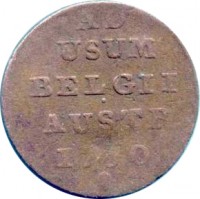 Austrian Netherlands coin 1 Liard / 1 Oord - Maria Theresa (1749 - 1752) reverse reverse of 1 Liard / 1 Oord - Maria Theresa (1749 - 1752) coin with KM# 2 from Austrian Netherlands. Inscription: AD USUM BELGII AUSTR · 1750 ·