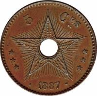 Belgian Congo coin 5 Centimes - Leopold II (1887 - 1894) reverse reverse of 5 Centimes - Leopold II (1887 - 1894) coin with KM# 3 from Belgian Congo. Inscription: *** 5 Cme *** L 1887 W