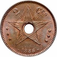 Belgian Congo coin 2 Centimes - Leopold II (1887 - 1888) reverse reverse of 2 Centimes - Leopold II (1887 - 1888) coin with KM# 2 from Belgian Congo. Inscription: *** 2 Cme *** L 1888 W
