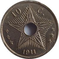 Belgian Congo coin 10 Centimes - Albert I (1910 - 1928) reverse reverse of 10 Centimes - Albert I (1910 - 1928) coin with KM# 18 from Belgian Congo. Inscription: *** 10 C. *** 1911