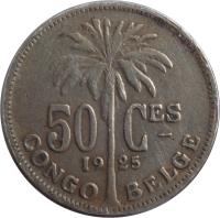 Belgian Congo coin 50 Centimes - Albert I - French text (1921 - 1929) reverse reverse of 50 Centimes - Albert I - French text (1921 - 1929) coin with KM# 22 from Belgian Congo. Inscription: 50 Ces 19 25 CONGO BELGE