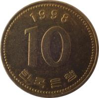 reverse of 10 Won (1983 - 2006) coin with KM# 33 from Korea. Inscription: 2001 10 한국은행