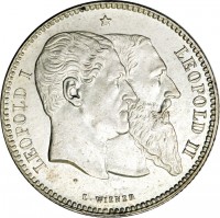 obverse of 2 Francs - Leopold II - 50th anniversary of independence (1880) coin with KM# 39 from Belgium. Inscription: LEOPOLD I * LEOPOLD II L.WIENER
